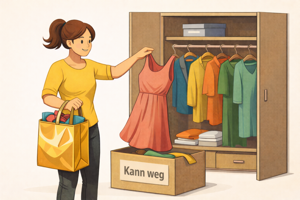 Frau steht mit Einkaufstüte voller neuer Klamotten vor einem geöffneten Kleiderschrank und sortiert ein Kleid daraus in eine bereitstehende Box mit der Aufschrift "Kann weg"